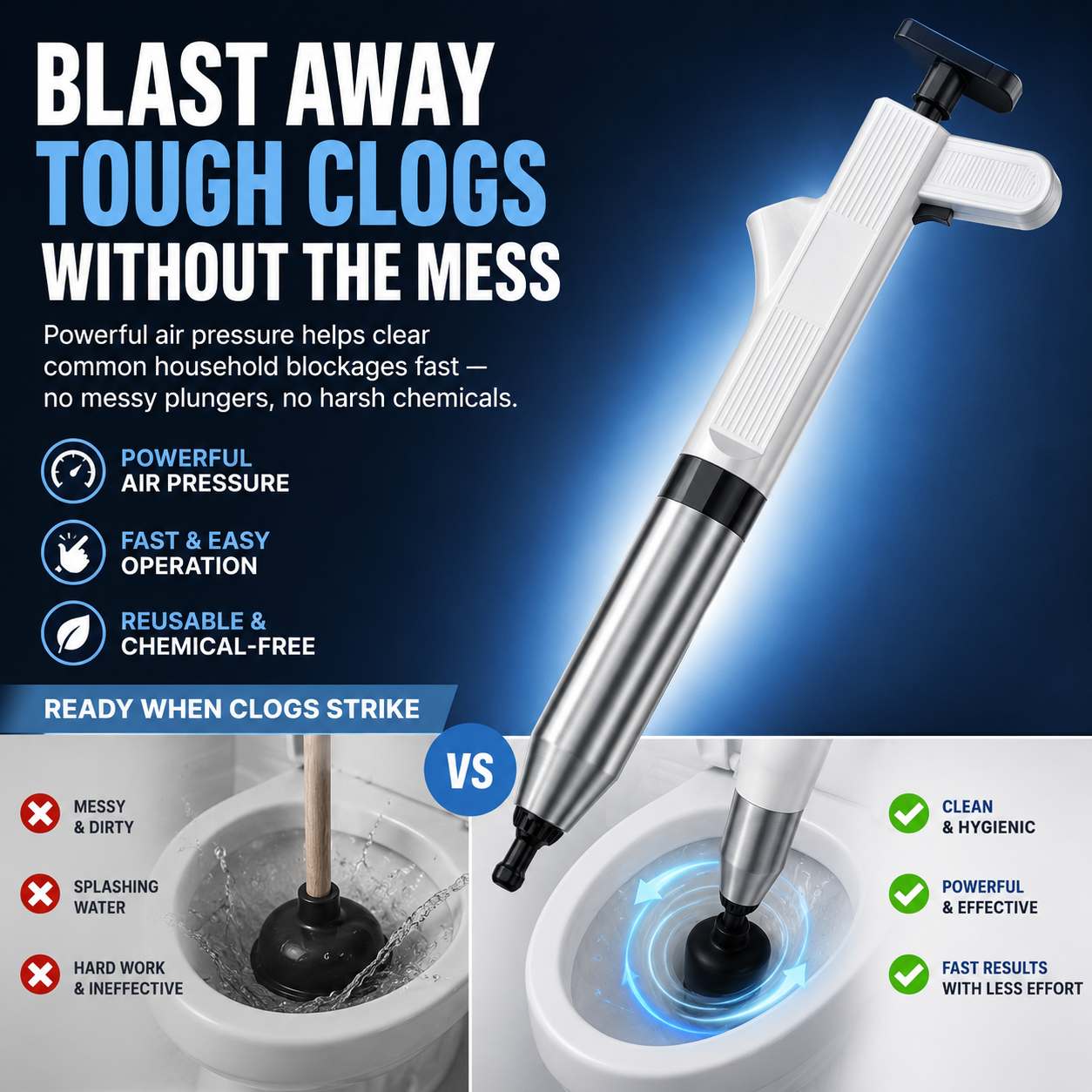 JOYOOH Premium High-Pressure Drain Blaster JT1 – all-in-one Powerful Toilet & Sink Unclogger, Instant Air Burst Drain Cleaner Tool for Bathroom, Kitchen & Floor Drains (No Plumber Needed)